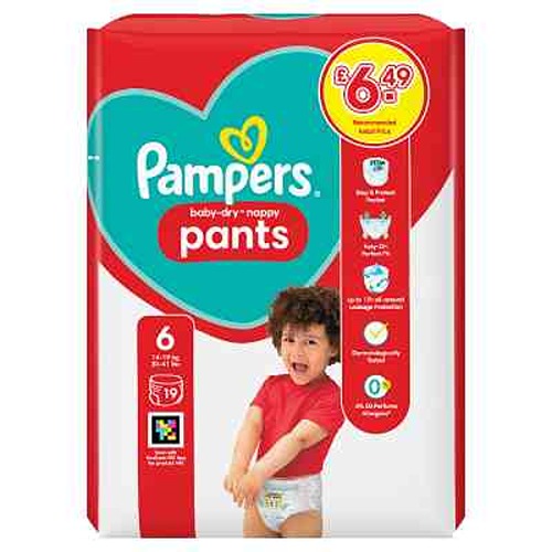 Pampers Baby-Dry Nappy Pants Size 6, 19 Nappies, 14kg - 19kg, Carry Pack