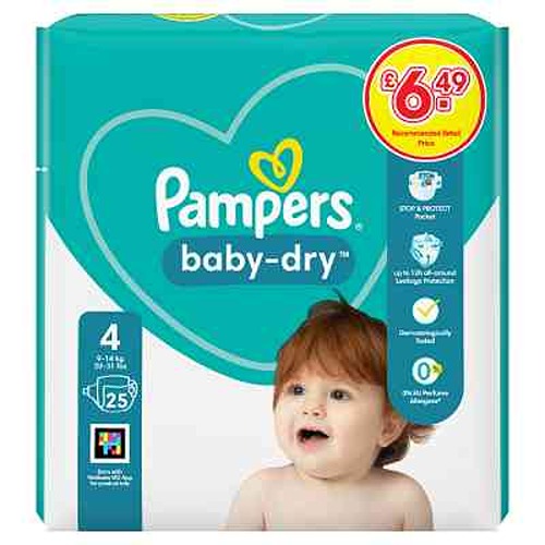 Pampers Baby-Dry Size 4, 25 Nappies, 9kg-14kg