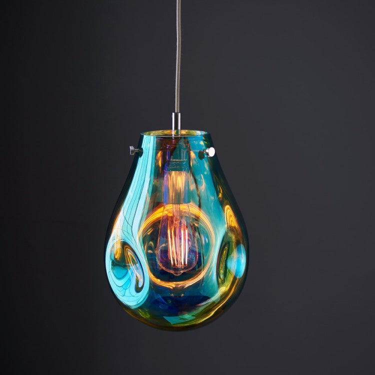 Pary Petrol Metallic Glass Medium Pendant with Chrome Trim using 1x E27/ES Filament Lamp