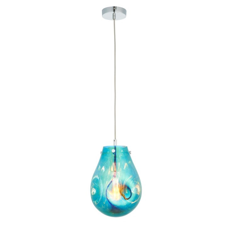 Pary Petrol Metallic Glass Medium Pendant with Chrome Trim using 1x E27/ES Filament Lamp