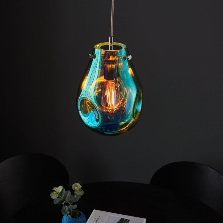 Pary Petrol Metallic Glass Medium Pendant with Chrome Trim using 1x E27/ES Filament Lamp