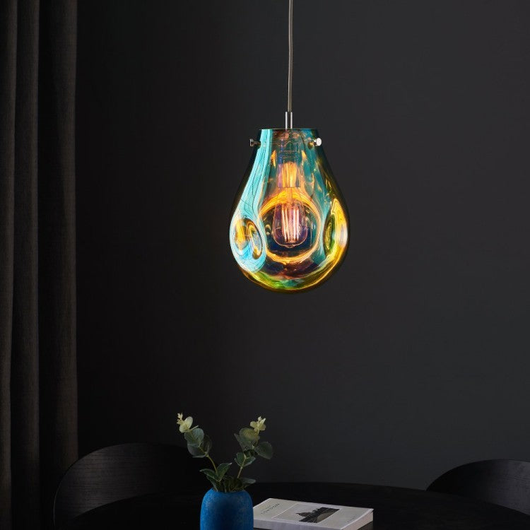 Pary Petrol Metallic Glass Medium Pendant with Chrome Trim using 1x E27/ES Filament Lamp